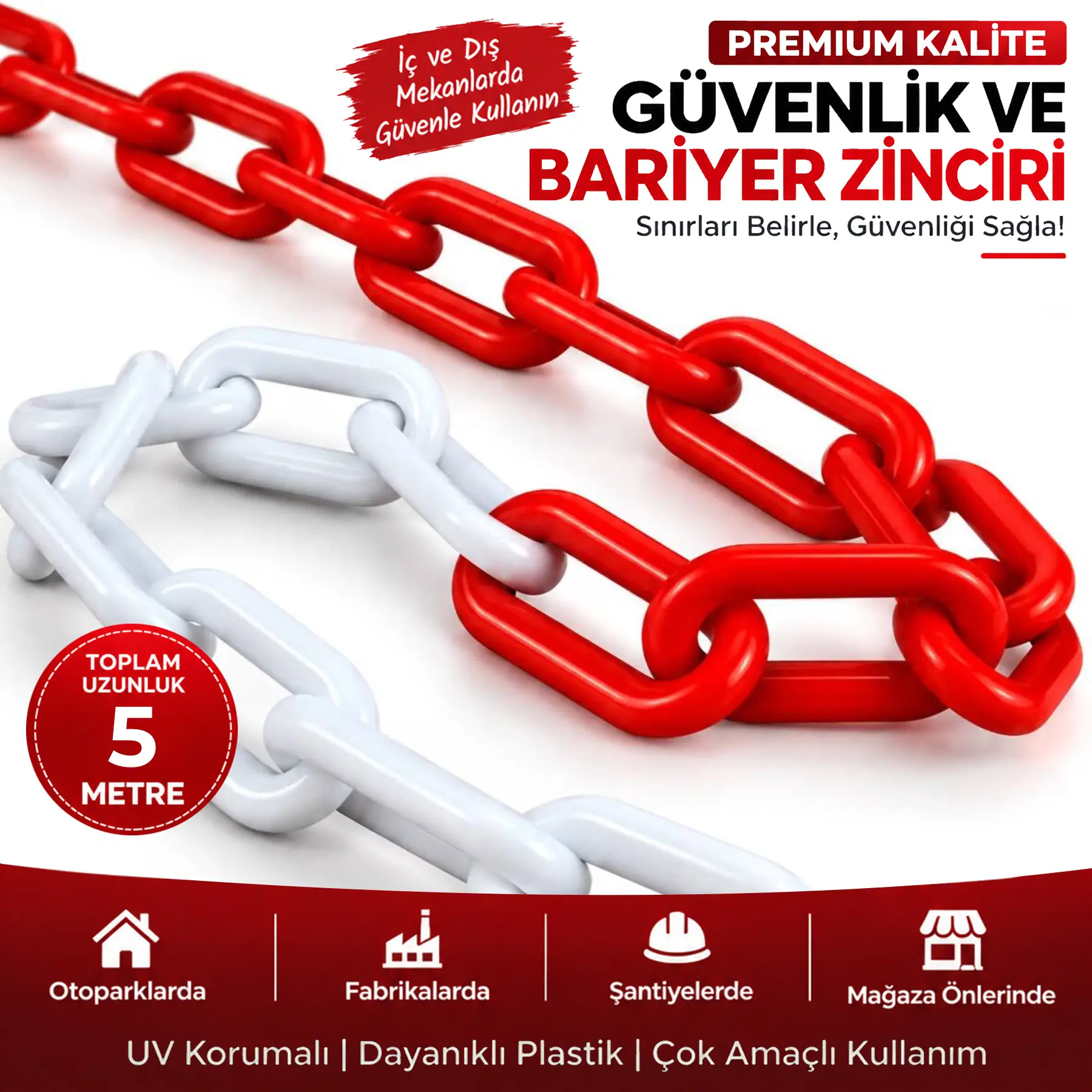 8 mm Ekonomik İkaz Ürünü Plastik Kırmızı Beyaz 5 Metre Güvenlik ve Bariyer Zinciri