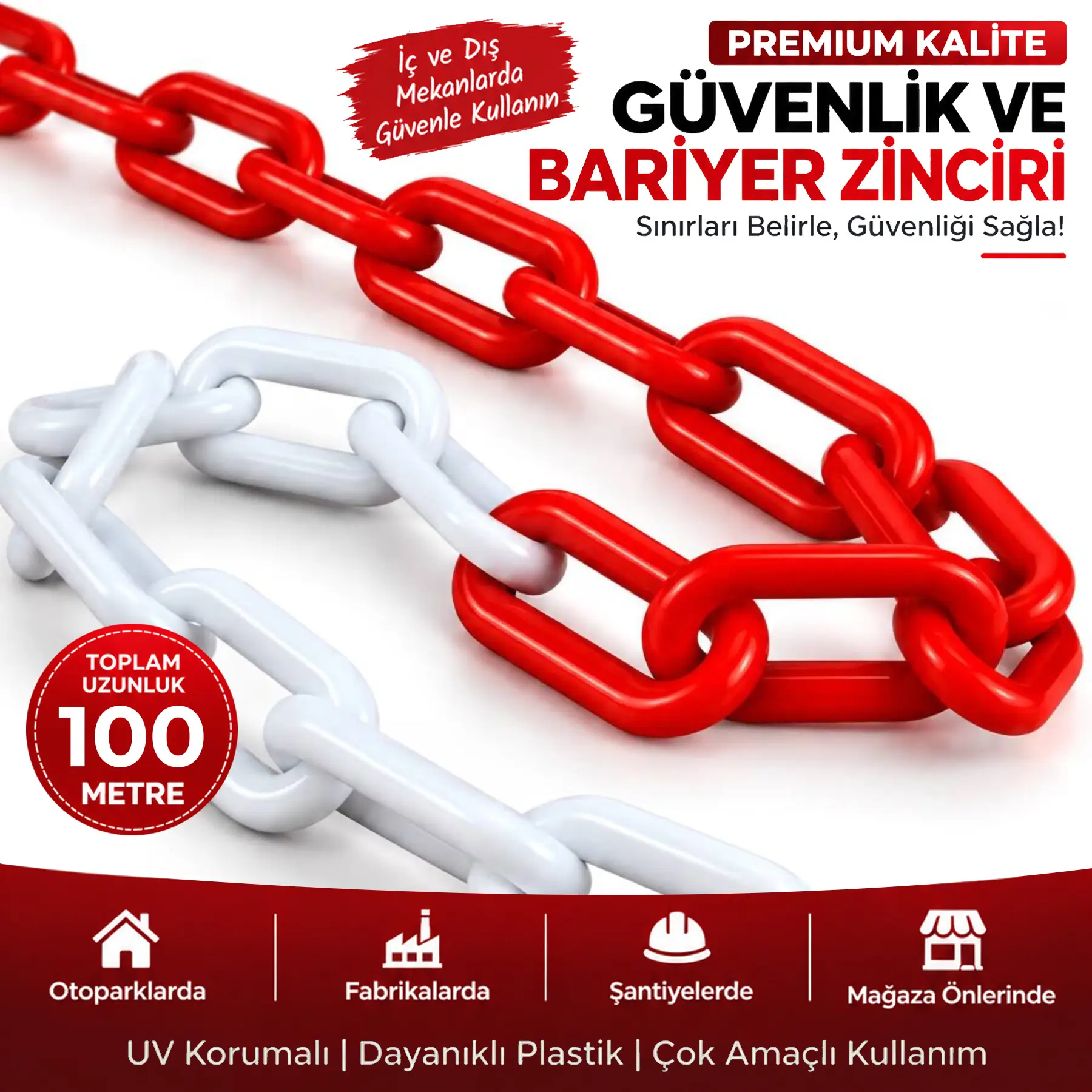8 mm Ekonomik İkaz Ürünü Plastik Kırmızı Beyaz 100 Metre Güvenlik ve Bariyer Zinciri
