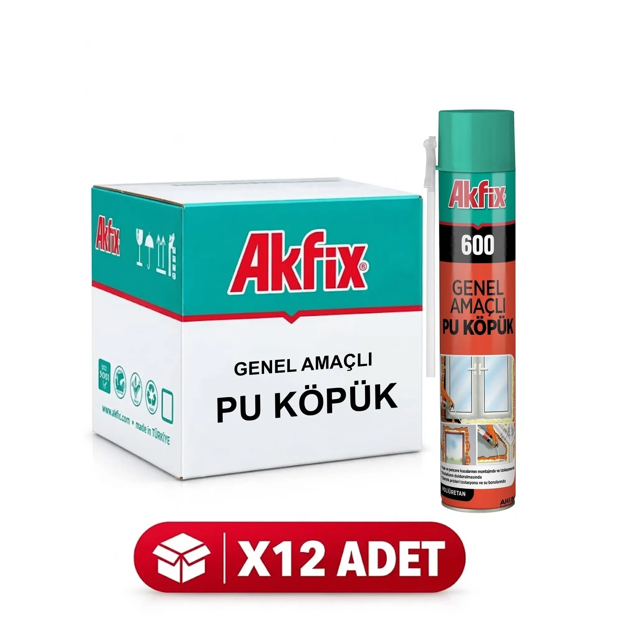 Akfix 600 Pipetli PU Poliüretan Genel Amaçlı Montaj ve Dolgu Köpüğü 600g 12 Adet