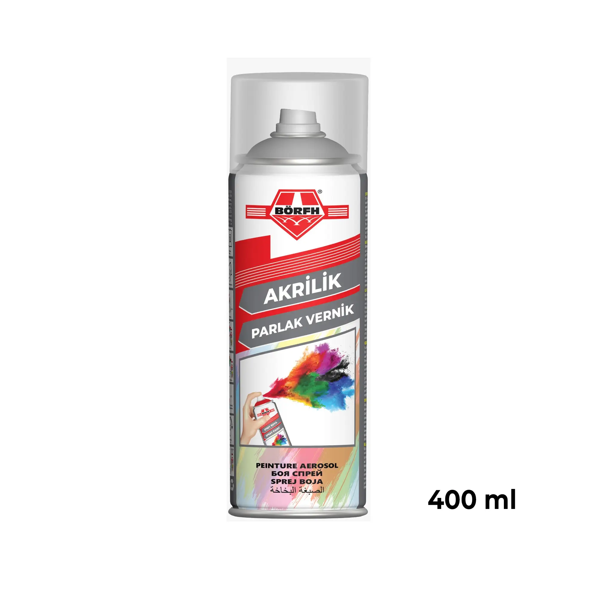 Börfh Akrilik Parlak Vernik Sprey 400 ml Ahşap Metal Plastik Uyumlu Hızlı Kuruma Şeffaf Lak