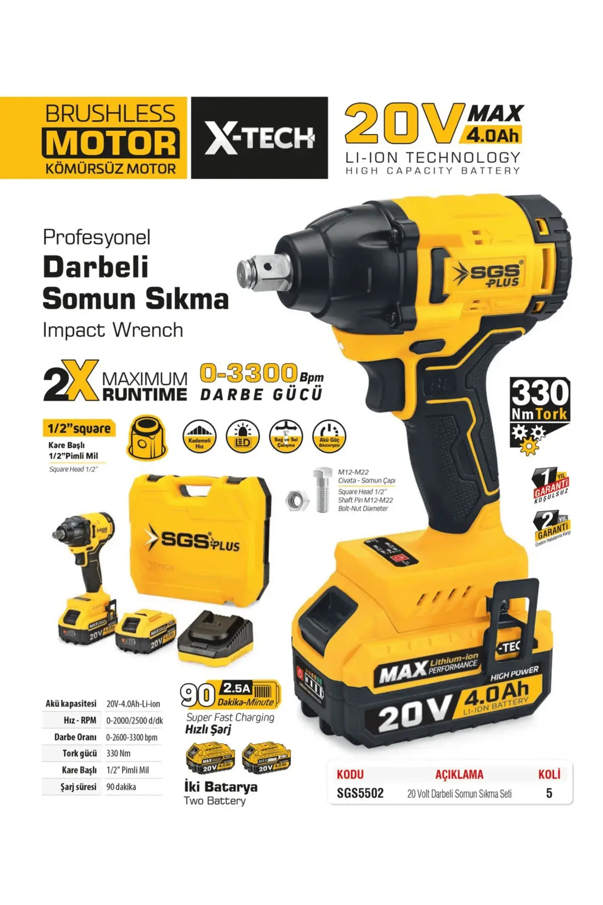 SGS 5502 Profesyonel 20V 4.0Ah Kömürsüz Çift Akülü Darbeli Somun Sıkma Makinesi 330 Nm